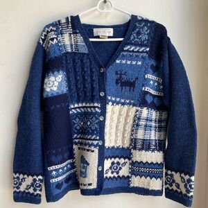 Vintage Jones New York SPORT Women Hand Knit Sweater Sz L Blue White 100% Wool